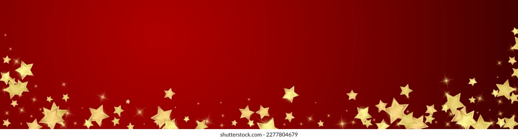 Superposición vectorial de las estrellas mágicas.  Estrellas de oro dispersas al azar, cayendo, flotando.  Una plantilla de superposición infantil de ensueño caótico. Cielo nocturno de caricatura mágica sobre fondo rojo.
