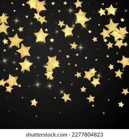 Magic stars vector overlay.  Gold stars scattered around randomly, falling down, floating.  Chaotic dreamy childish overlay template. on black background.