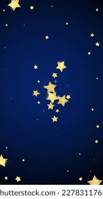 Magic stars vector overlay.  Gold stars scattered around randomly, falling down, floating.  Chaotic dreamy childish overlay template. Enchanting vector with magic stars on dark blue background.