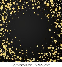 Magic stars vector overlay.  Gold stars scattered around randomly, falling down, floating.  Chaotic dreamy childish overlay template. Vector fairytale  on black background.