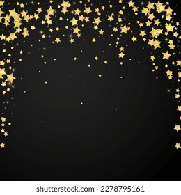 Magic stars vector overlay.  Gold stars scattered around randomly, falling down, floating.  Chaotic dreamy childish overlay template. Enchanting vector with magic stars on black background.