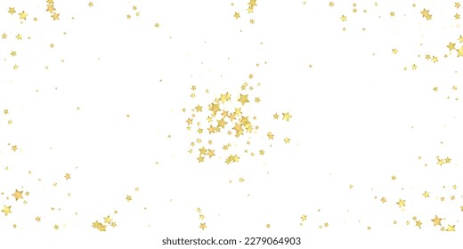 Superposición vectorial de las estrellas mágicas.  Estrellas de oro dispersas al azar, cayendo, flotando.  Una plantilla de superposición infantil de ensueño caótico. Superposición mágica vectorial sobre fondo blanco.
