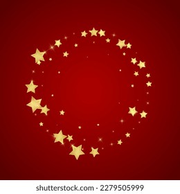 Magic stars vector overlay.  Gold stars scattered around randomly, falling down, floating.  Chaotic dreamy childish overlay template. Vector magic overlay  on red background.