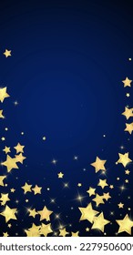 Magic stars vector overlay.  Gold stars scattered around randomly, falling down, floating.  Chaotic dreamy childish overlay template. Magical cartoon night sky on dark blue background.