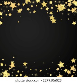 Magic stars vector overlay.  Gold stars scattered around randomly, falling down, floating.  Chaotic dreamy childish overlay template. Vector fairytale  on black background.
