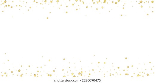 Superposición vectorial de las estrellas mágicas.  Estrellas de oro dispersas al azar, cayendo, flotando.  Una plantilla de superposición infantil de ensueño caótico. Cielo nocturno de caricatura mágica sobre fondo blanco.