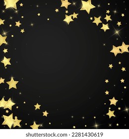 Magic stars vector overlay.  Gold stars scattered around randomly, falling down, floating.  Chaotic dreamy childish overlay template. Miraculous starry night vector  on black background.
