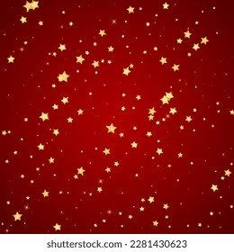 Magic stars vector overlay.  Gold stars scattered around randomly, falling down, floating.  Chaotic dreamy childish overlay template. Vector fairytale  on red background.