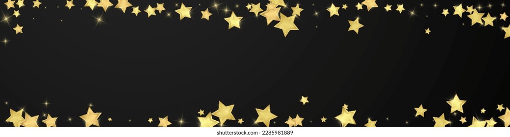 Superposición vectorial de las estrellas mágicas.  Estrellas de oro dispersas al azar, cayendo, flotando.  Una plantilla de superposición infantil de ensueño caótico. Encantador vector con estrellas mágicas sobre fondo negro.