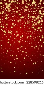 Superposición vectorial de las estrellas mágicas.  Estrellas de oro dispersas al azar, cayendo, flotando.  Una plantilla de superposición infantil de ensueño caótico. sobre fondo rojo.