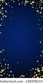 Magic stars vector overlay.  Gold stars scattered around randomly, falling down, floating.  Chaotic dreamy childish overlay template. on dark blue background.