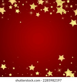 Magic stars vector overlay.  Gold stars scattered around randomly, falling down, floating.  Chaotic dreamy childish overlay template. on red background.