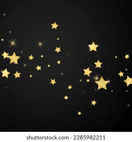 Superposición vectorial de las estrellas mágicas.  Estrellas de oro dispersas al azar, cayendo, flotando.  Una plantilla de superposición infantil de ensueño caótico. Encantador vector con estrellas mágicas sobre fondo negro.