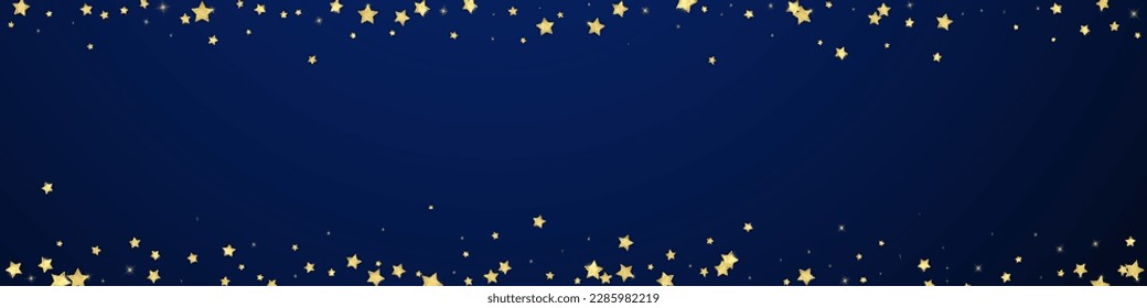 Magic stars vector overlay.  Gold stars scattered around randomly, falling down, floating.  Chaotic dreamy childish overlay template. Vector fairytale  on dark blue background.
