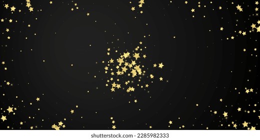 Superposición vectorial de las estrellas mágicas.  Estrellas de oro dispersas al azar, cayendo, flotando.  Una plantilla de superposición infantil de ensueño caótico. sobre fondo negro.