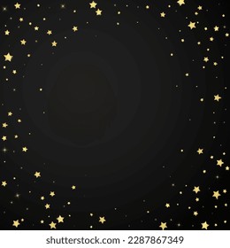 Magic stars vector overlay.  Gold stars scattered around randomly, falling down, floating.  Chaotic dreamy childish overlay template. Magical cartoon night sky on black background.