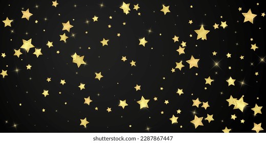 Superposición vectorial de las estrellas mágicas.  Estrellas de oro dispersas al azar, cayendo, flotando.  Una plantilla de superposición infantil de ensueño caótico. sobre fondo negro.