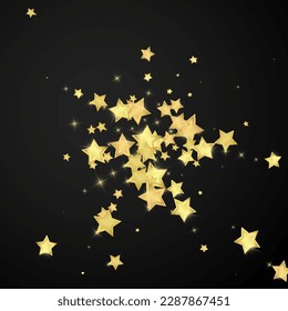 Magic stars vector overlay.  Gold stars scattered around randomly, falling down, floating.  Chaotic dreamy childish overlay template. Miraculous starry night vector  on black background.