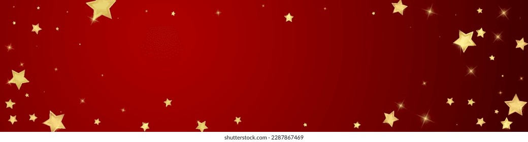 Magic stars vector overlay.  Gold stars scattered around randomly, falling down, floating.  Chaotic dreamy childish overlay template. Vector fairytale  on red background.