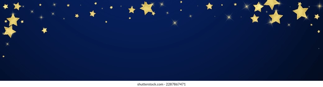 Magic stars vector overlay.  Gold stars scattered around randomly, falling down, floating.  Chaotic dreamy childish overlay template. Enchanting vector with magic stars on dark blue background.