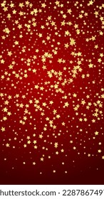 Magic stars vector overlay.  Gold stars scattered around randomly, falling down, floating.  Chaotic dreamy childish overlay template. Vector fairytale  on red background.