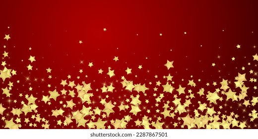 Magic stars vector overlay.  Gold stars scattered around randomly, falling down, floating.  Chaotic dreamy childish overlay template. Vector magic overlay  on red background.