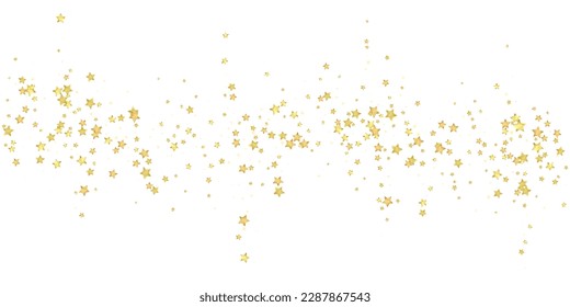 Superposición vectorial de las estrellas mágicas.  Estrellas de oro dispersas al azar, cayendo, flotando.  Una plantilla de superposición infantil de ensueño caótico. Un cuento de hadas vectorial sobre fondo blanco.