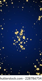 Magische Sterne, Vektorüberlagerung.  Goldsterne zerstreut nach dem Zufallsprinzip, fallend, schwebend.  Chaotische Träume kindliche Overlay-Vorlage. Wunderbare Sternennacht-Vektorgrafik auf dunkelblauem Hintergrund.