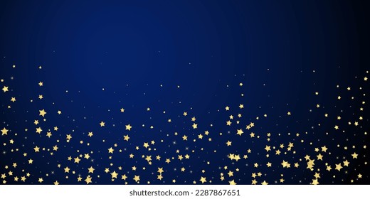 Magic stars vector overlay.  Gold stars scattered around randomly, falling down, floating.  Chaotic dreamy childish overlay template. Magical cartoon night sky on dark blue background.