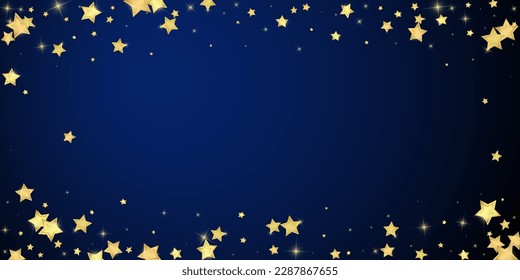 Magic stars vector overlay.  Gold stars scattered around randomly, falling down, floating.  Chaotic dreamy childish overlay template. on dark blue background.