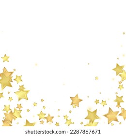 Magic stars vector overlay.  Gold stars scattered around randomly, falling down, floating.  Chaotic dreamy childish overlay template. Vector fairytale  on white background.