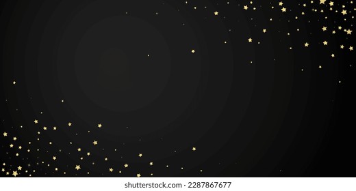 Magic stars vector overlay.  Gold stars scattered around randomly, falling down, floating.  Chaotic dreamy childish overlay template. Vector magic overlay  on black background.