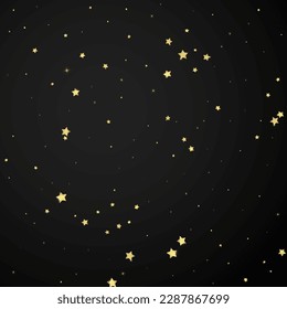 Magic stars vector overlay.  Gold stars scattered around randomly, falling down, floating.  Chaotic dreamy childish overlay template. Magical cartoon night sky on black background.