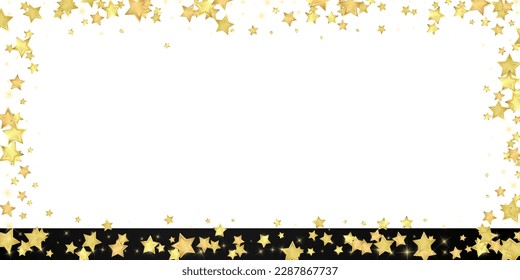 Magic stars vector overlay.  Gold stars scattered around randomly, falling down, floating.  Chaotic dreamy childish overlay template. Vector fairytale  on black background.