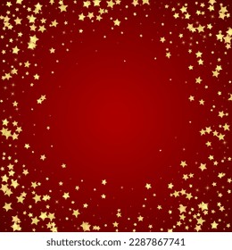 Magic stars vector overlay.  Gold stars scattered around randomly, falling down, floating.  Chaotic dreamy childish overlay template. on red background.