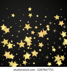 Magic stars vector overlay.  Gold stars scattered around randomly, falling down, floating.  Chaotic dreamy childish overlay template. Magical cartoon night sky on black background.