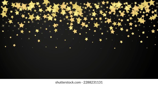 Magic stars vector overlay.  Gold stars scattered around randomly, falling down, floating.  Chaotic dreamy childish overlay template. Magical cartoon night sky on black background.