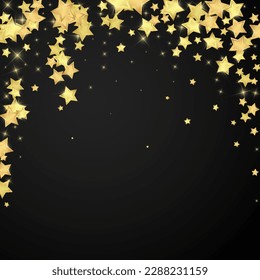 Magic stars vector overlay.  Gold stars scattered around randomly, falling down, floating.  Chaotic dreamy childish overlay template. on black background.