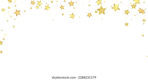 Magic stars vector overlay.  Gold stars scattered around randomly, falling down, floating.  Chaotic dreamy childish overlay template. Enchanting vector with magic stars on white background.