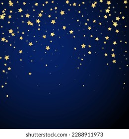 Superposición vectorial de las estrellas mágicas.  Estrellas de oro dispersas al azar, cayendo, flotando.  Una plantilla de superposición infantil de ensueño caótico. Un cuento de hadas vectorial sobre fondo azul oscuro.