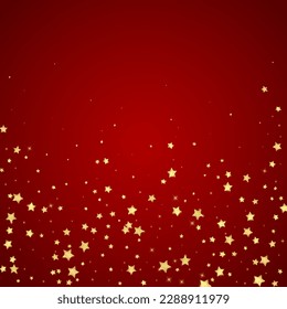 Magic stars vector overlay.  Gold stars scattered around randomly, falling down, floating.  Chaotic dreamy childish overlay template. Vector magic overlay  on red background.