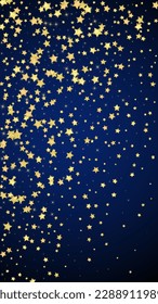 Magic stars vector overlay.  Gold stars scattered around randomly, falling down, floating.  Chaotic dreamy childish overlay template. Enchanting vector with magic stars on dark blue background.