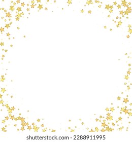 Superposición vectorial de las estrellas mágicas.  Estrellas de oro dispersas al azar, cayendo, flotando.  Una plantilla de superposición infantil de ensueño caótico. sobre fondo blanco.