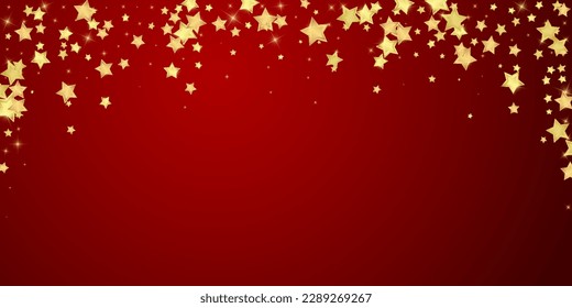 Magic stars vector overlay.  Gold stars scattered around randomly, falling down, floating.  Chaotic dreamy childish overlay template. Vector fairytale  on red background.