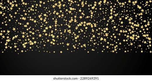 Superposición vectorial de las estrellas mágicas.  Estrellas de oro dispersas al azar, cayendo, flotando.  Una plantilla de superposición infantil de ensueño caótico. sobre fondo negro.