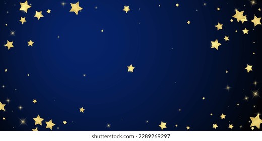 Magic stars vector overlay.  Gold stars scattered around randomly, falling down, floating.  Chaotic dreamy childish overlay template. on dark blue background.
