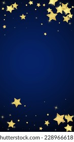 Magic stars vector overlay.  Gold stars scattered around randomly, falling down, floating.  Chaotic dreamy childish overlay template. Vector magic overlay  on dark blue background.