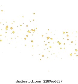 Superposición vectorial de las estrellas mágicas.  Estrellas de oro dispersas al azar, cayendo, flotando.  Una plantilla de superposición infantil de ensueño caótico. Cielo nocturno de caricatura mágica sobre fondo blanco.