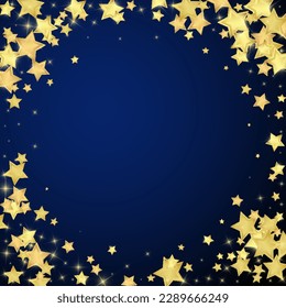 Magic stars vector overlay.  Gold stars scattered around randomly, falling down, floating.  Chaotic dreamy childish overlay template. Vector fairytale  on dark blue background.