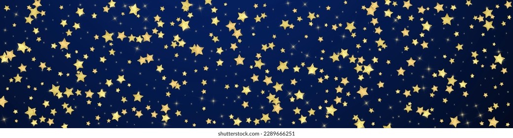 Magic stars vector overlay.  Gold stars scattered around randomly, falling down, floating.  Chaotic dreamy childish overlay template. Enchanting vector with magic stars on dark blue background.